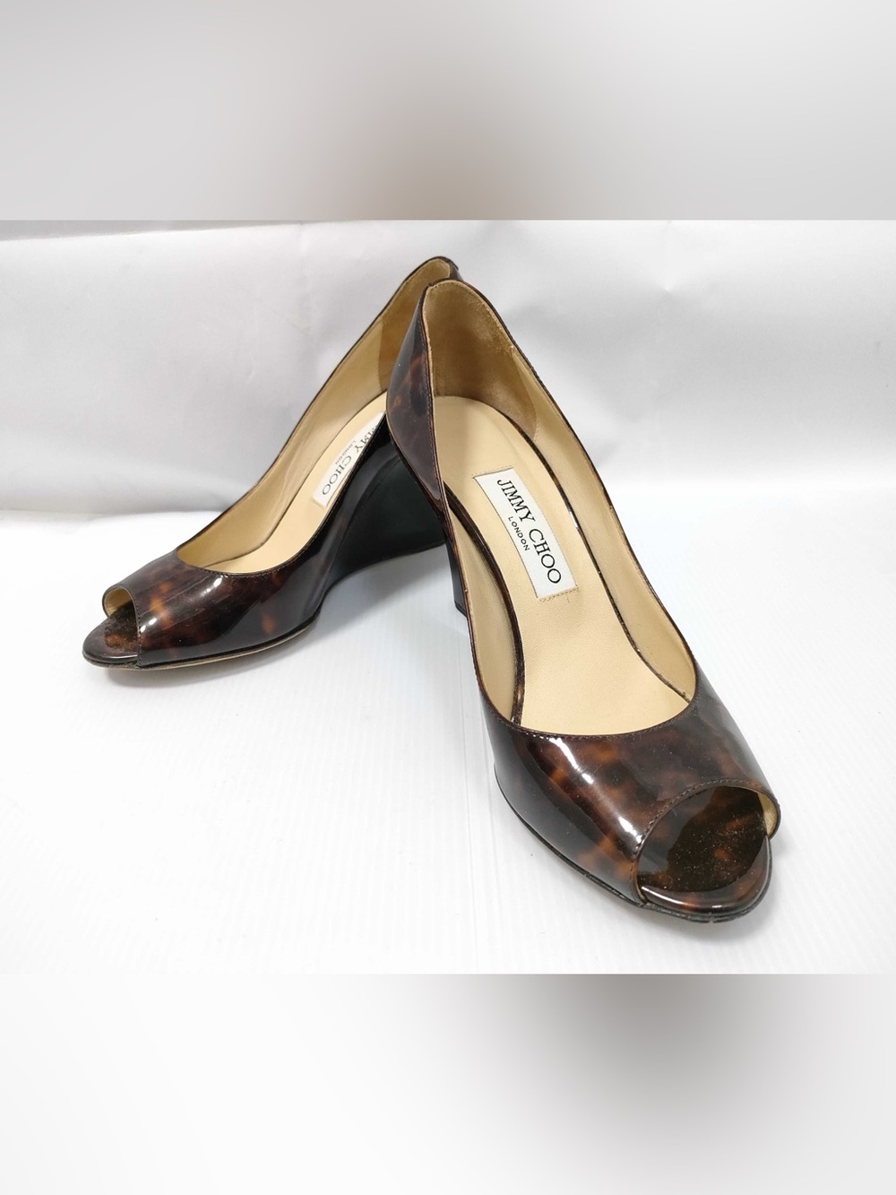 Jimmy Choo Tortoiseshell Patent Peep-Toe Wedge Heels